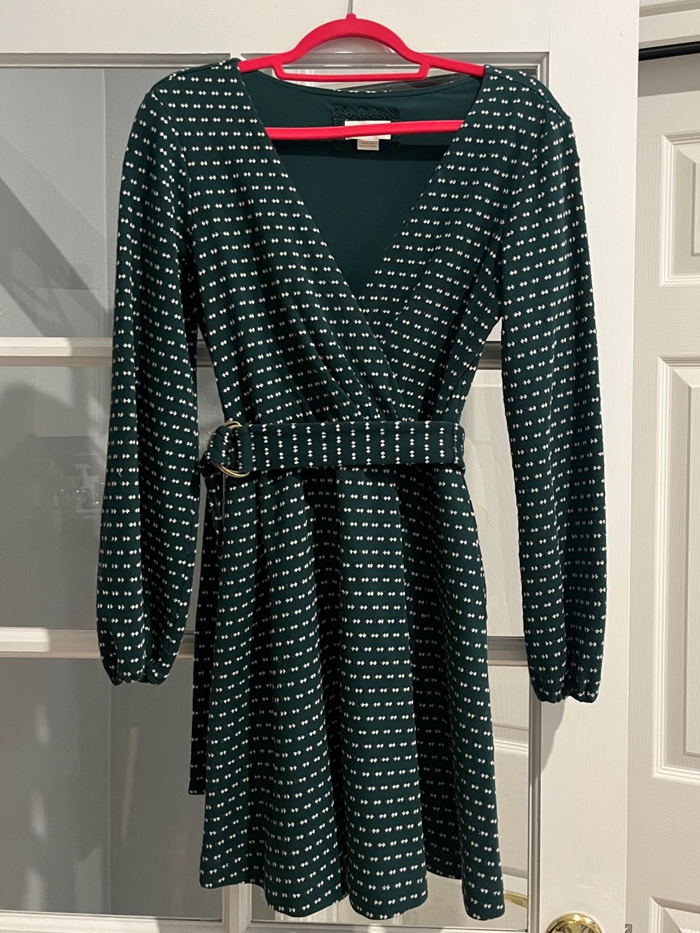 Anthropologie Maeve Dark Green Textured Wrap Belted Long-Sleeve Dress